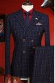 Fashion Dark Blue Plaid Peaked Lapel Double Breasted Prom Suits