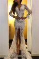 Sexy White Lace V-neck Long Sleeve Front Slit Mermaid Prom Dresses 