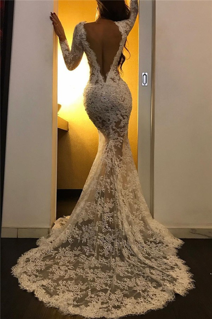 Sexy White Lace V-neck Long Sleeve Front Slit Mermaid Prom Dresses 