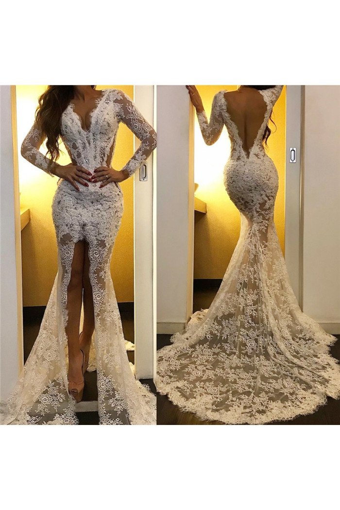 Sexy White Lace V-neck Long Sleeve Front Slit Mermaid Prom Dresses Sexy White Lace V-neck Long Sleeve Front Slit Mermaid Prom Dresses
