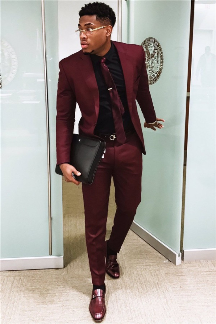 Handsome Burgundy Mens Suits Business Suits | Slim Fit One buttons Prom Outfits (Blazer Pants)
