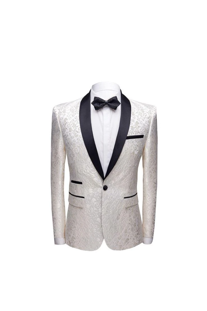 White Jacquard One buttons Wedding Tuexdos | Black Shawl Lapel Men Suits (Jacket Pants)