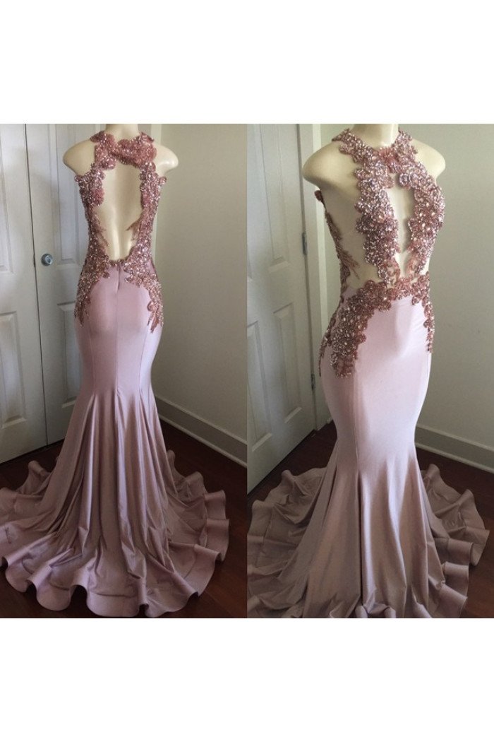 Modern Pink Beading Keyhole Lace Appliques Sleeveless Mermaid Prom Dresses Modern Pink Beading Keyhole Lace Appliques Sleeveless Mermaid Prom Dresses