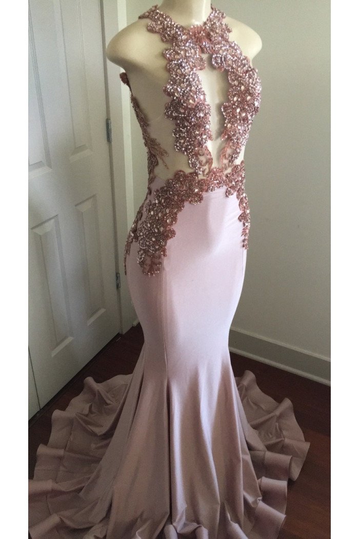 Modern Pink Beading Keyhole Lace Appliques Sleeveless Mermaid Prom Dresses Modern Pink Beading Keyhole Lace Appliques Sleeveless Mermaid Prom Dresses