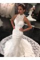 Newest High-Neck Lace Mermaid Sleeveless Beading Sweep-Train Wedding Dresses