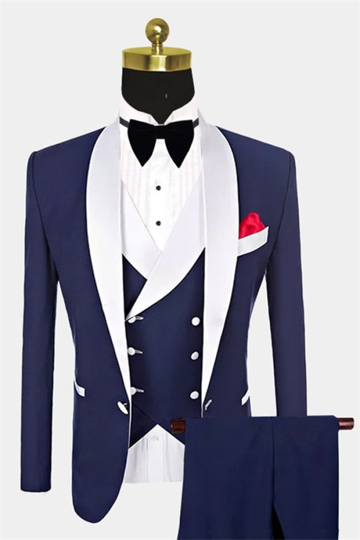 Navy Blue Wedding Suits with White Shawl Lapel | One Button Wedding Tuxedos 3 Pieces