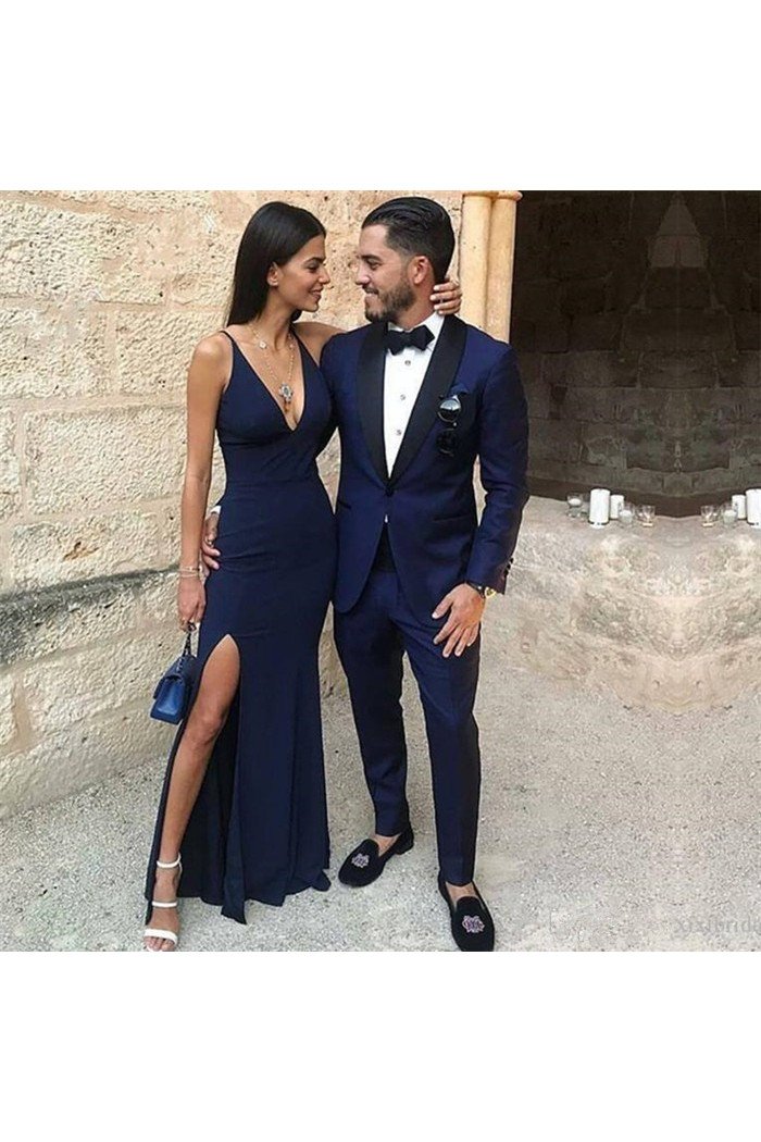 Modern Dark Blue One Button Two-Piece Prom Men Suits with Black Lapel