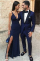 Modern Dark Blue One Button Two-Piece Prom Men Suits with Black Lapel