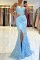 Special V-neck Sky Blue Mermaid High Slit Lace Appliques Evening Dresses