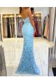 Special V-neck Sky Blue Mermaid High Slit Lace Appliques Evening Dresses