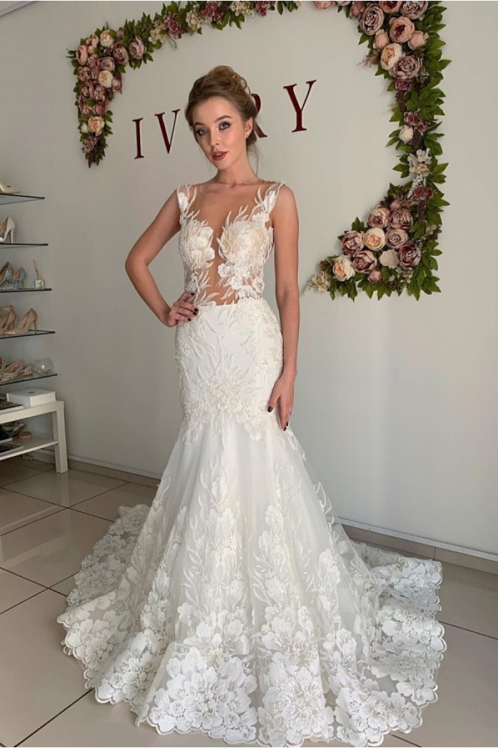Gorgeous Sexy Mermaid Lace Sleeveless Ivory Wedding Dresses