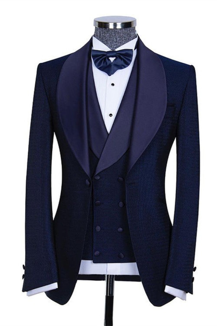 Dark Navy Shawl Lapel 3 Pieces Close Fitting Wedding Suits for Men