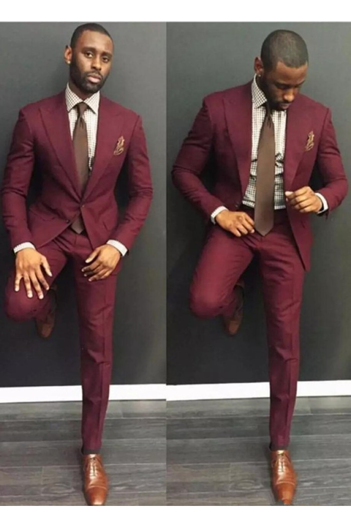 Simple Burgundy Close Fitting Peaked Lapel Mens Suit with 2-Piece