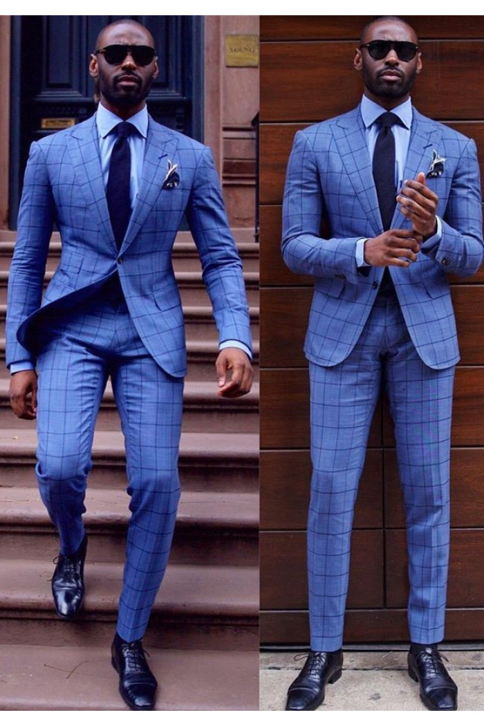 Chic Blue Plaid Peaked Lapel Two-Piece Formal Business Mens Suit