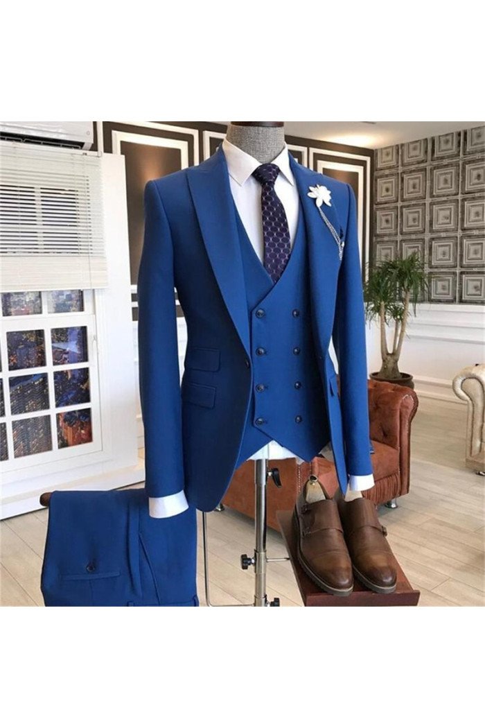 Maverick Fashion Blue Three-Pieces Peaked Lapel Men Suits