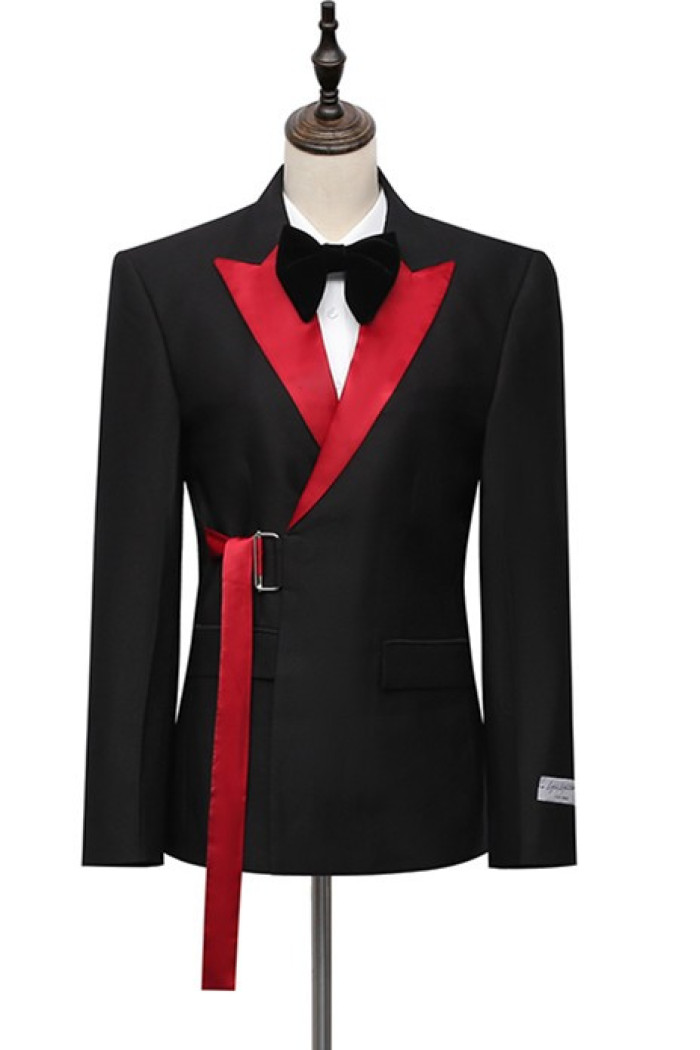 Chic Black Peaked Lapel Close Fitting Men Suits With Adjustable Buckle