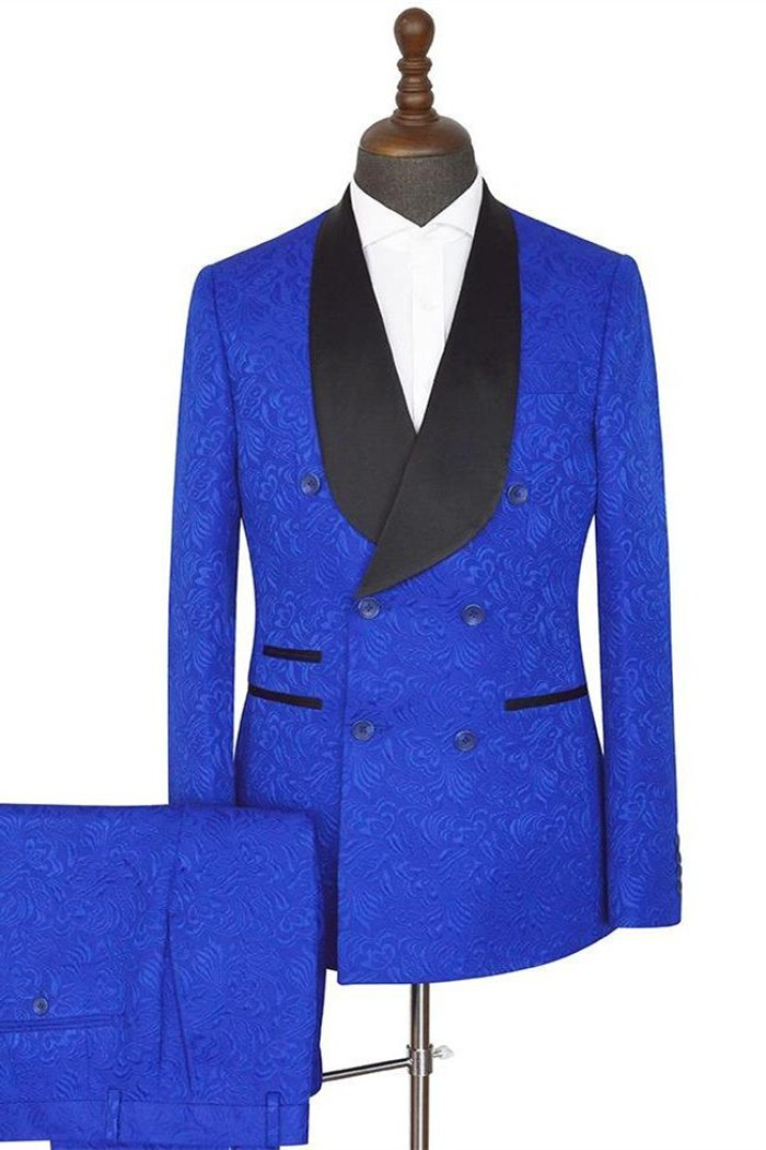 Ramon Royal blue Shawl Lapel Close Fitting Double Breasted Jacquard Wedding Suits