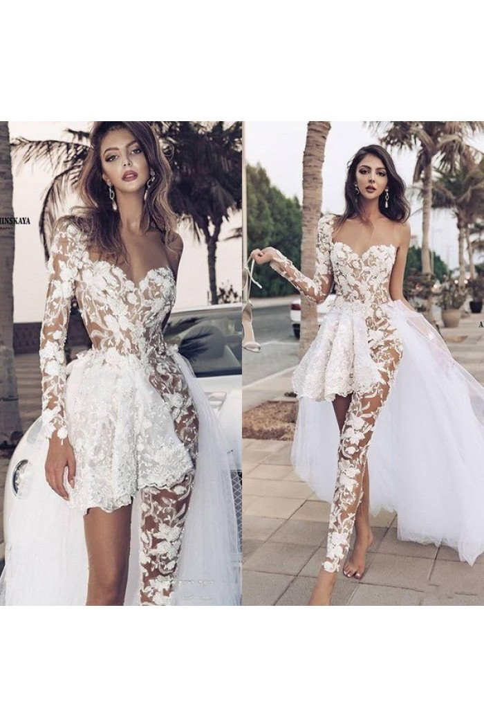 Elegant Lace Jumpsuit One Shoulder Sweetheart Overskirt White Wedding Dresses