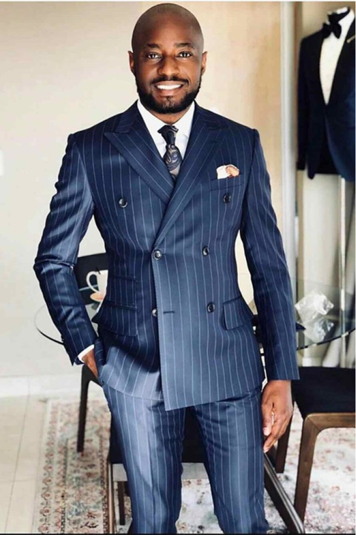 Cool Navy Blue Striped Peaked Lapel Double Breasted Formal Men Suits