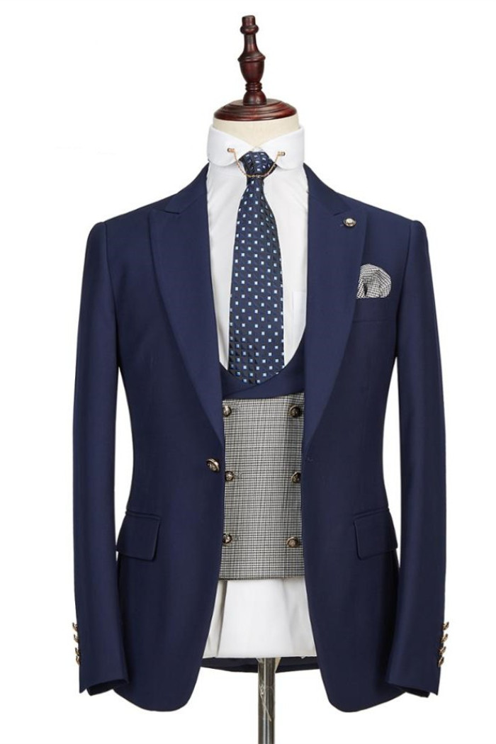Latest Design Navy Blue Peaked Lapel Formal Business Men Suits 