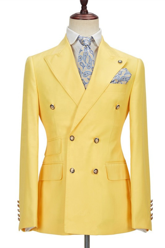 Brodie Yellow Double Breasted Peaked Lapel Close Fitting Bespoke Men Suits