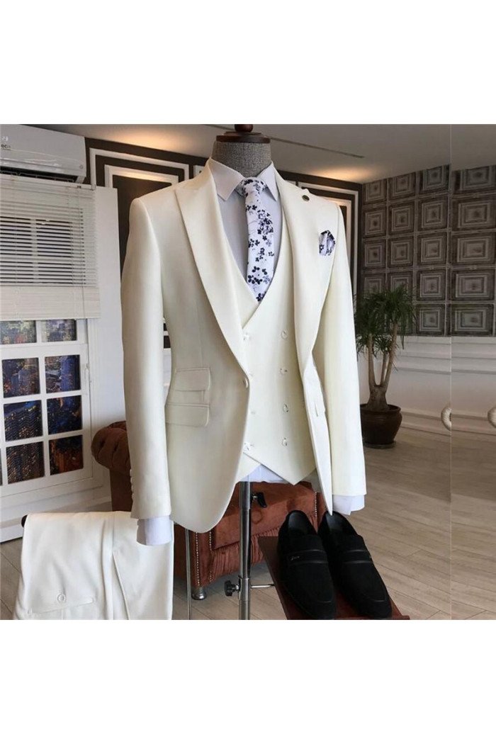 New Arrival White Three Pieces Peaked Lapel Bespoke Men Suits for Wedding