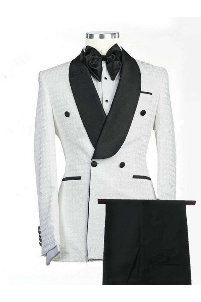 Modern White Jacquard Double Breasted Shawl Lapel Wedding Groom Suits