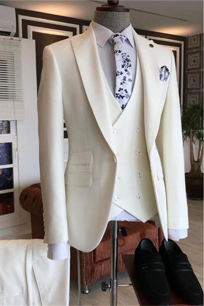 New Arrival White Three Pieces Peaked Lapel Bespoke Men Suits for Wedding