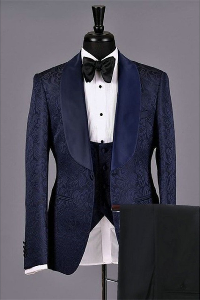New Dark Navy Jacquard Stylish Jacquard Bespoke Wedding Suits for Men
