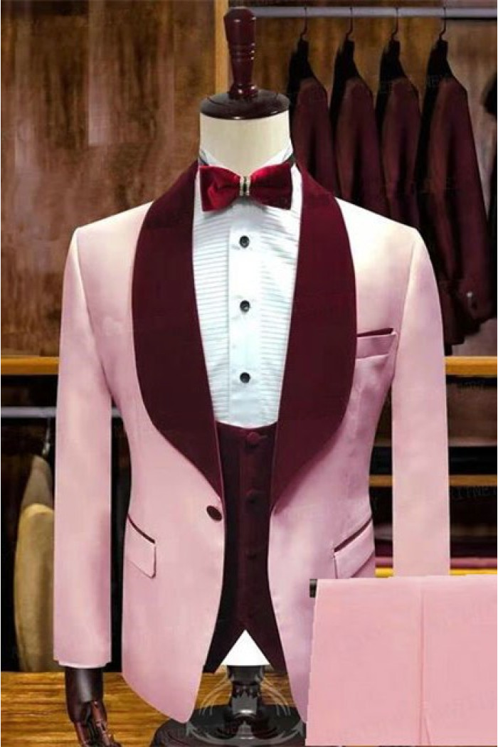 Latest Candy Pink Stylsih Shawl Lapel Close Fitting Men Suits for Wedding