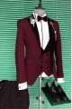 Newest Close Fitting Burgundy Three Pieces Men Suits with Black Peaked Lapel