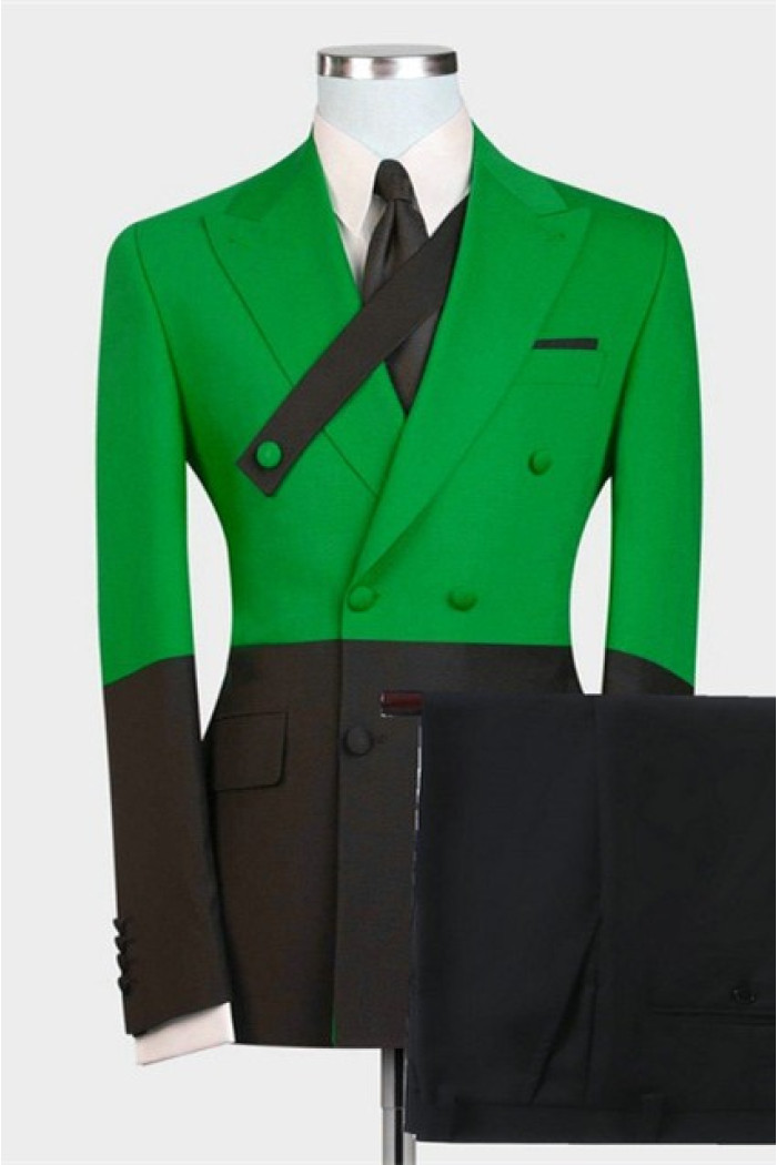 Fashion Green and Black Double Breasted Peaked Lapel Stylish Men Suits