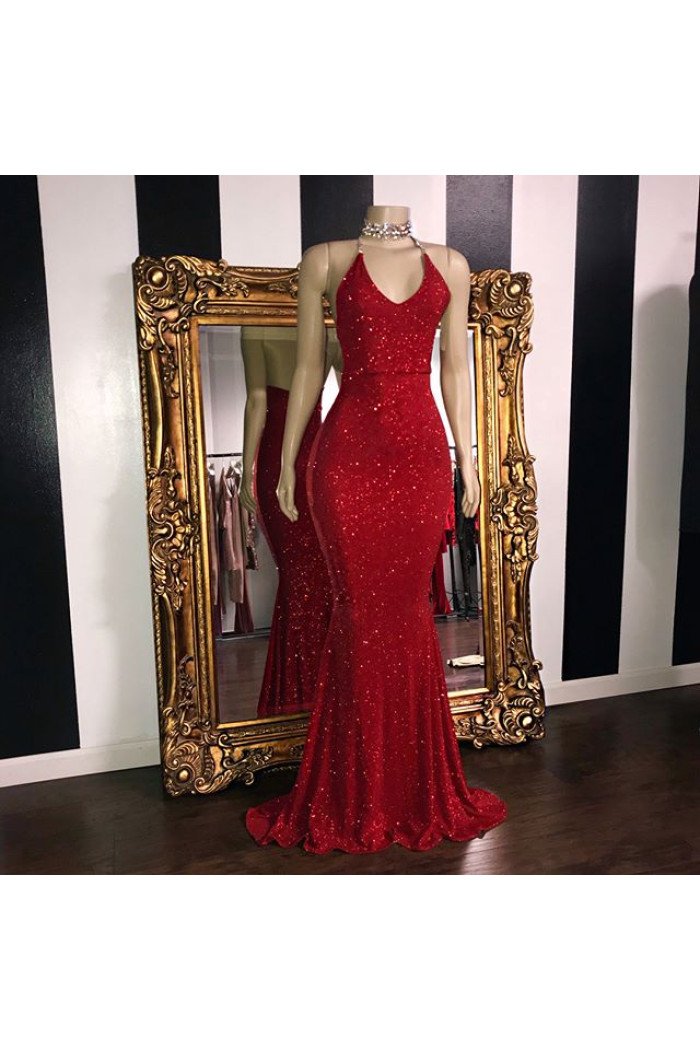 Sexy Red Sequins Sleeveless Halter Mermaid Prom Dresses 