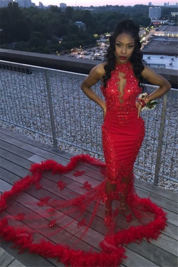 Red Beading Halter Keyhole Neckline Illusion Train Fur Trim Appliqued Mermaid Prom Dresses