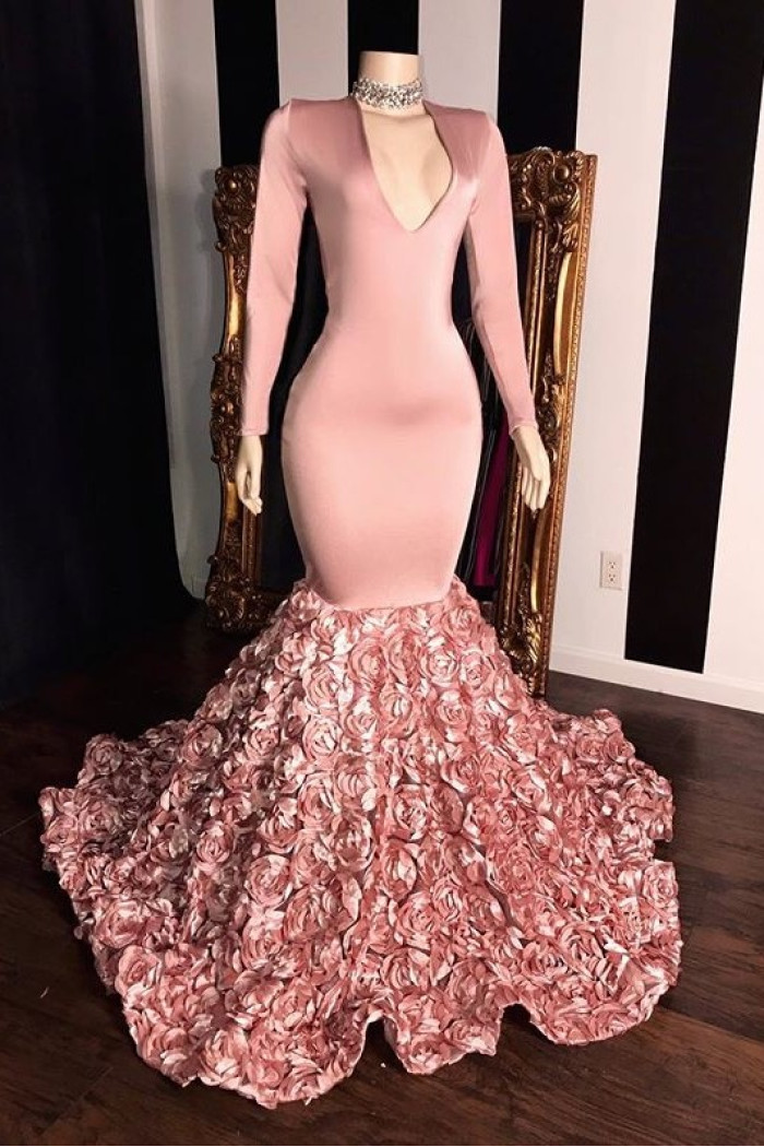 Pink Long Sleeves Flowers Mermaid Prom Gowns | 2021 Elegant V-Neck Evening Dress