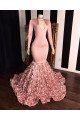 Pink Long Sleeves Flowers Mermaid Prom Gowns | 2021 Elegant V-Neck Evening Dress