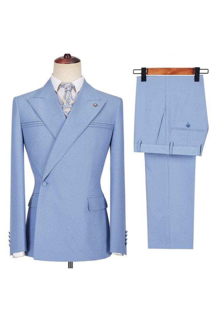 Classic Blue Close Fitting Peaked Lapel Ruffles Chic Prom Men Suits