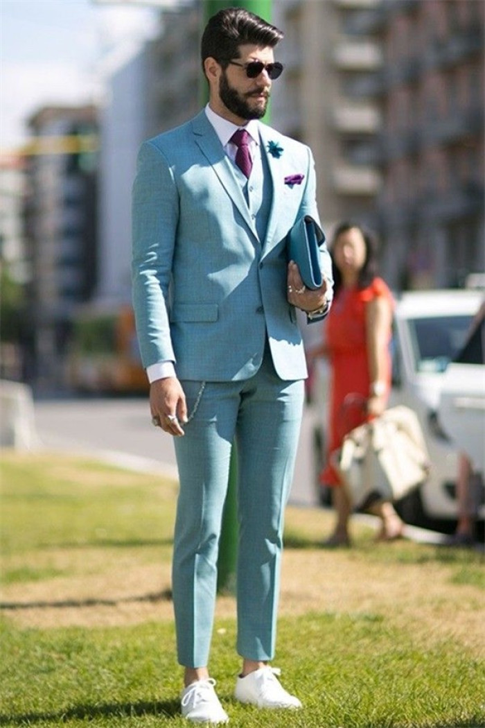 Formal Stylish Blue Notched Lapel Two-Pieces Business Mens Suits