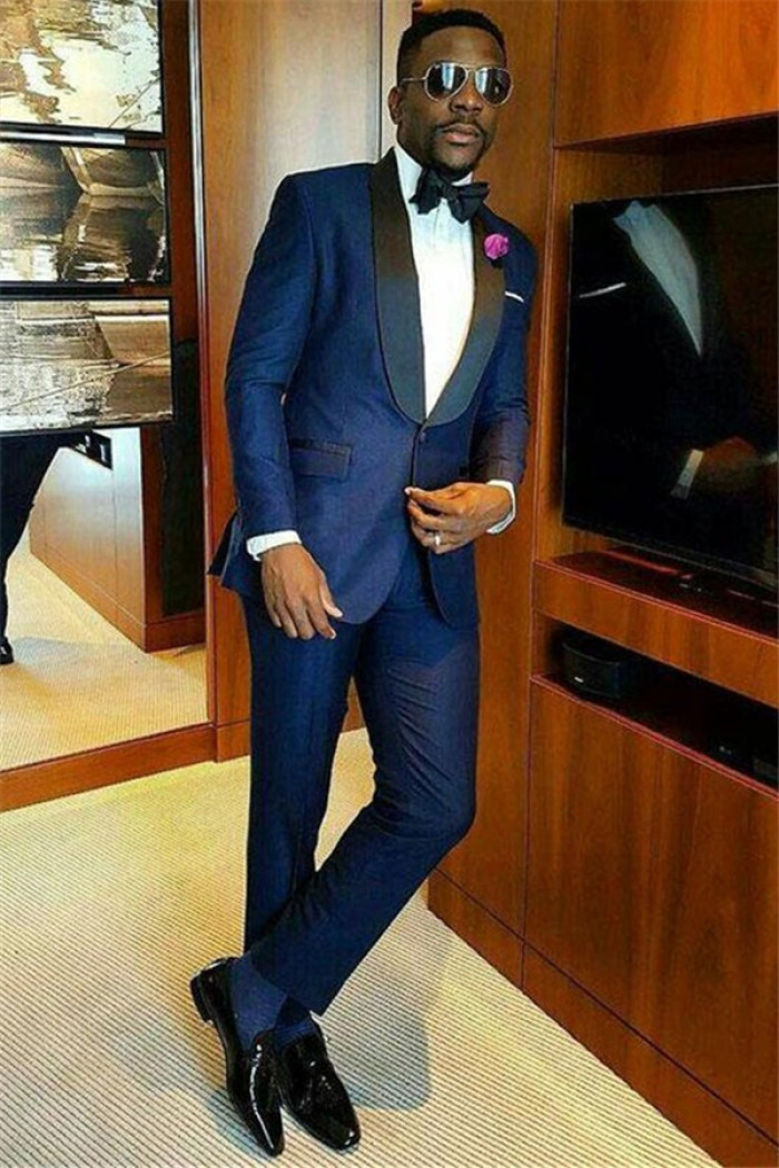 Fashion Navy Blue Stylish Bespoke Shawl Lapel Wedding Groom Suits