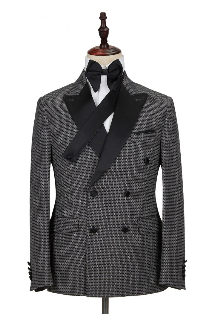 Fashion Black-and-Gray Cruciform Satin Peak Lapel Double Breasted Men's Formal Suit
