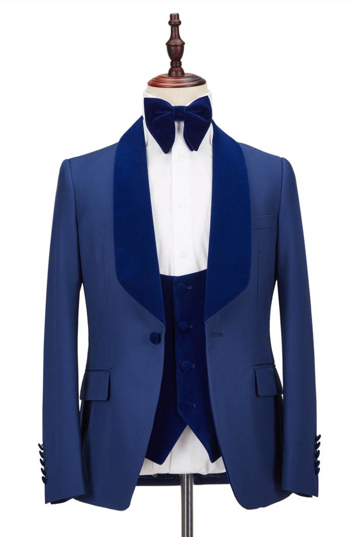 Bespoke Velvet Shawl Lapel Royal Blue One Button Men's Wedding Tuxedos