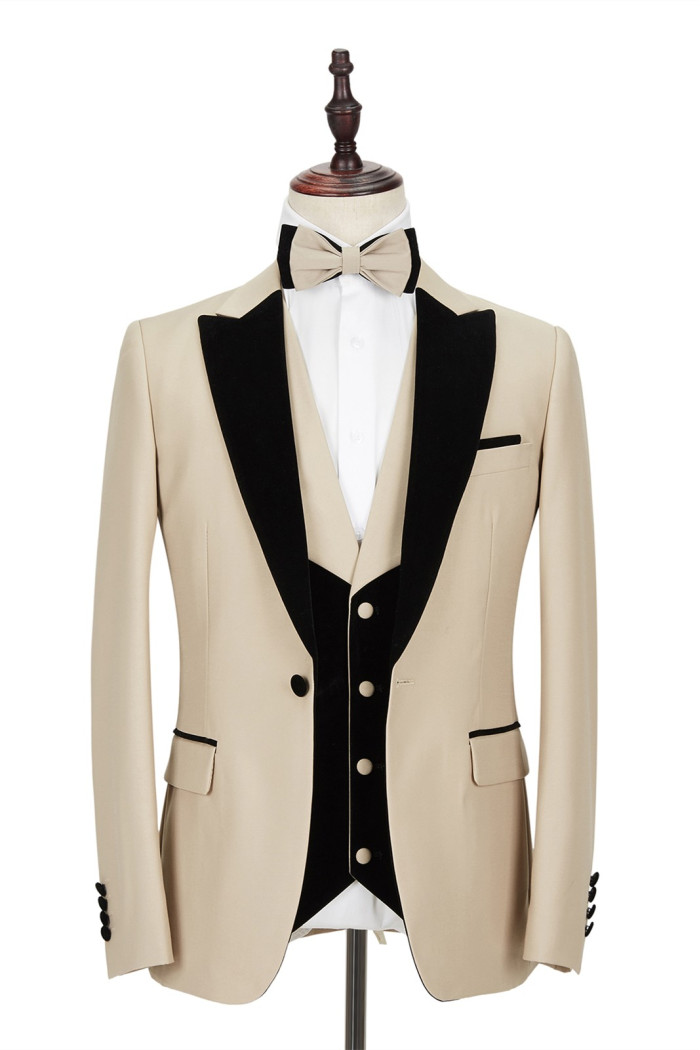Fashion Black Peak Lapel Champagne Wedding Suit with Velvet Banding Edge