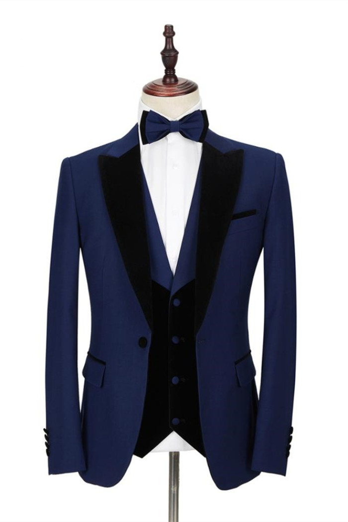 Fashion Dark Blue Peak Lapel Men's Wedding Suit with Velvet Lapel