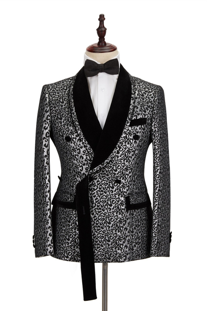 Newest Black Stitching Silver Leopard Jacquard Shawl Lapel Double Breasted Wedding Suit