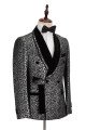 Newest Black Stitching Silver Leopard Jacquard Shawl Lapel Double Breasted Wedding Suit
