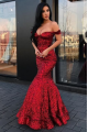 Sparkly Dark Red Mermaid Sequined Off-the-Shoulder Sequins Prom Dresses