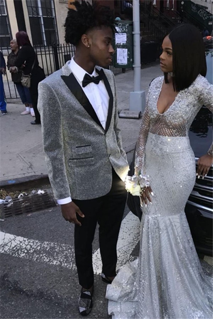 Glitter Silver Sequins Men Suits | Bespoke Peaked Lapel Two Piece Prom Outfits