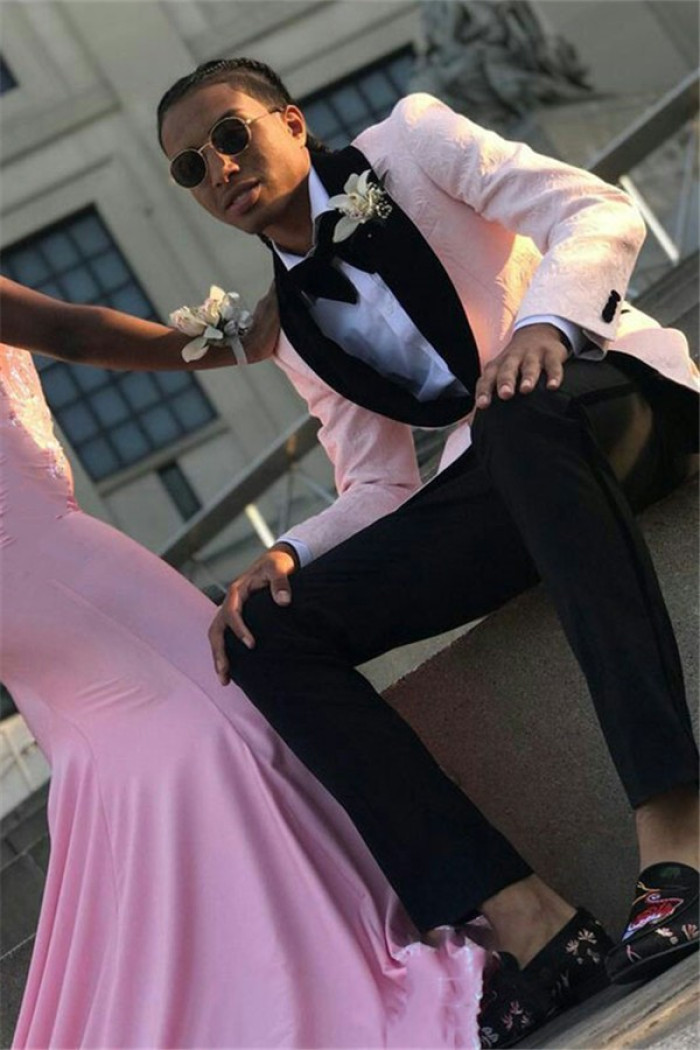 Latest Design Pink Jacquard Men Suit | One Button Prom Suit with Shawl Lapel