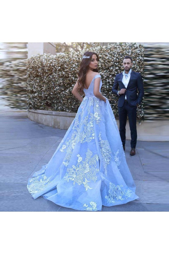 Elegant A-line Sky Blue Off-the-shoulder Lace Appliques Floor-Length Evening Dresses Elegant A-line Sky Blue Off-the-shoulder Lace Appliques Floor-Length Evening Dresses