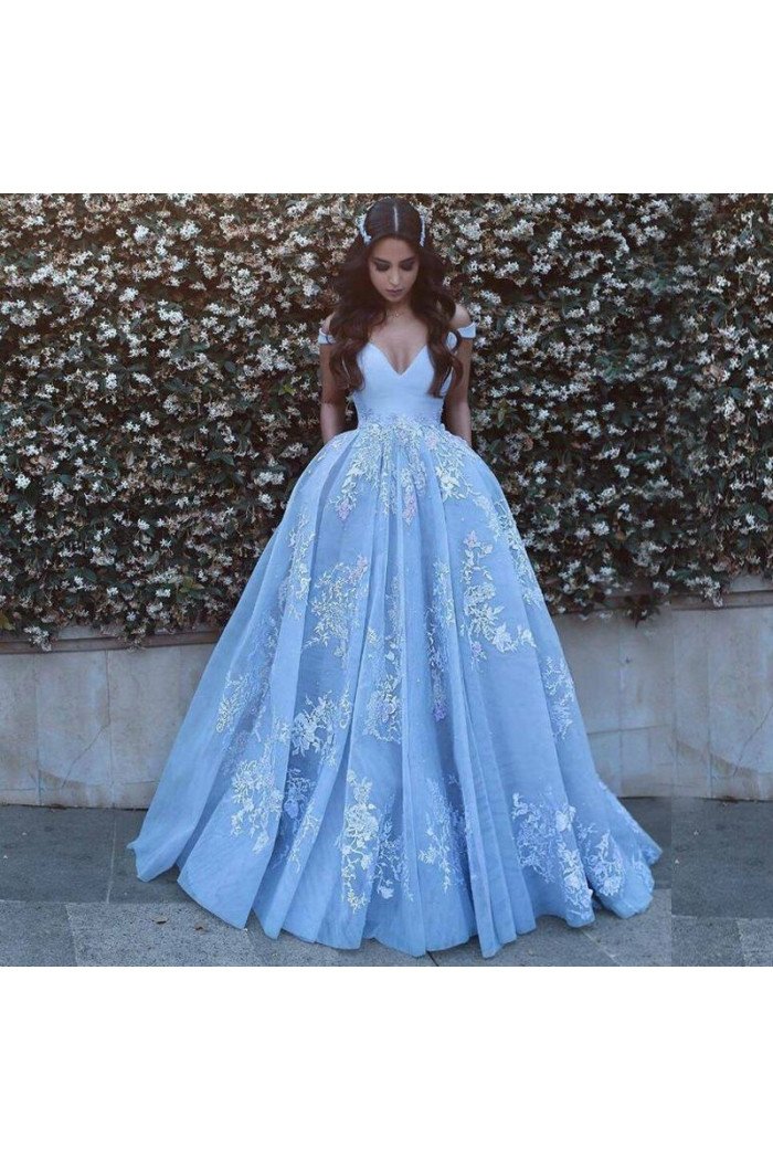 Elegant  A-line Sky Blue Off-the-shoulder Lace Appliques Floor-Length Evening Dresses